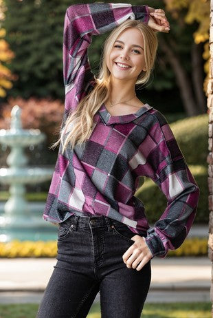 Purple Plaid V Neck