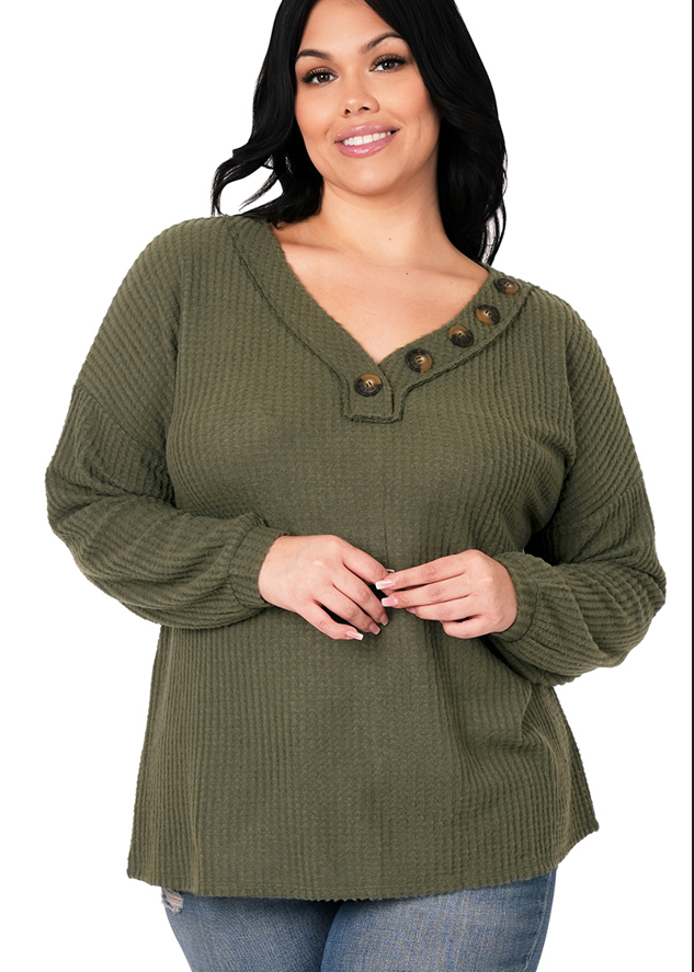 Olive V Neck Waffle Sweater with Buttons (Reg&Plus)