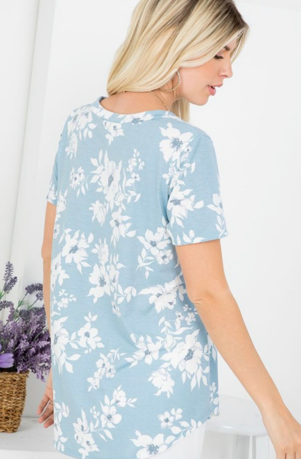 Blue Basic T with White Flowers