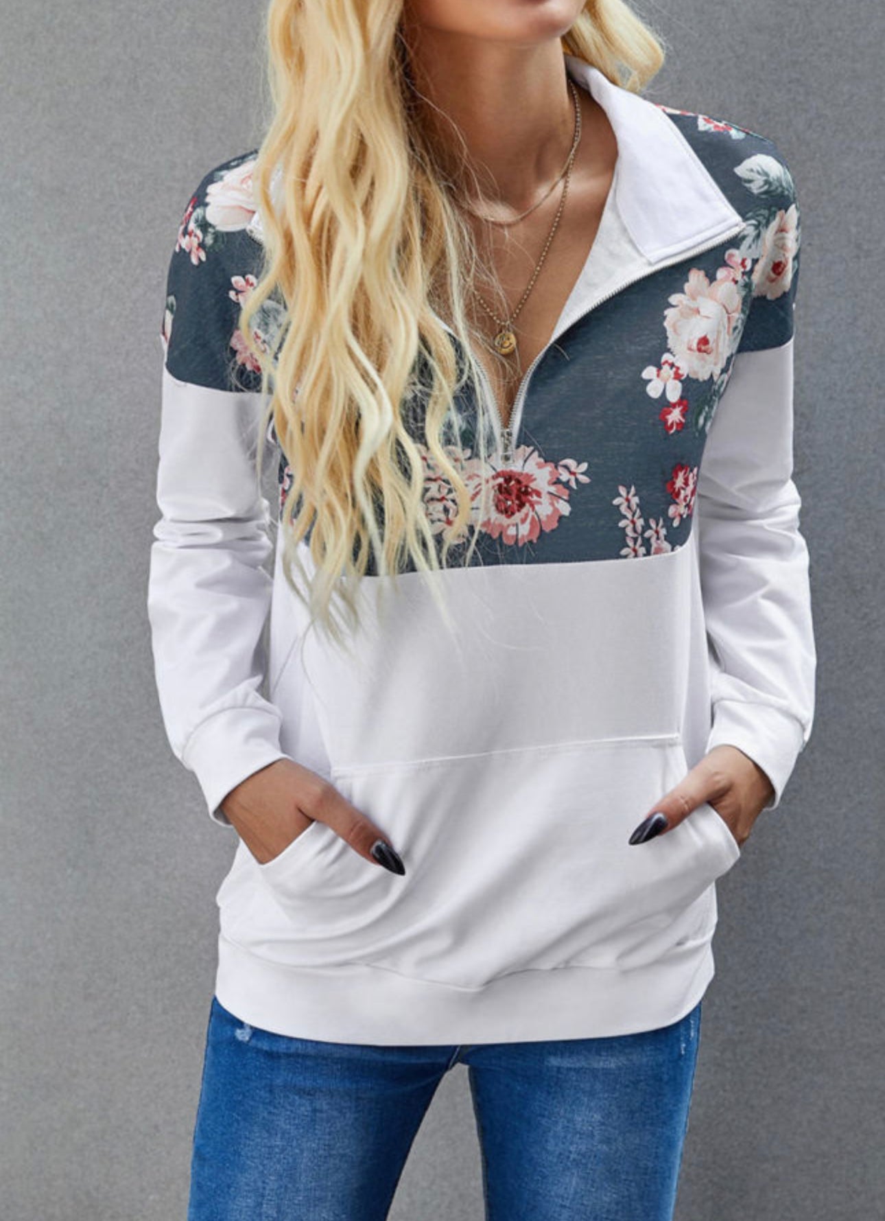 White Floral Half Zip (Plus)