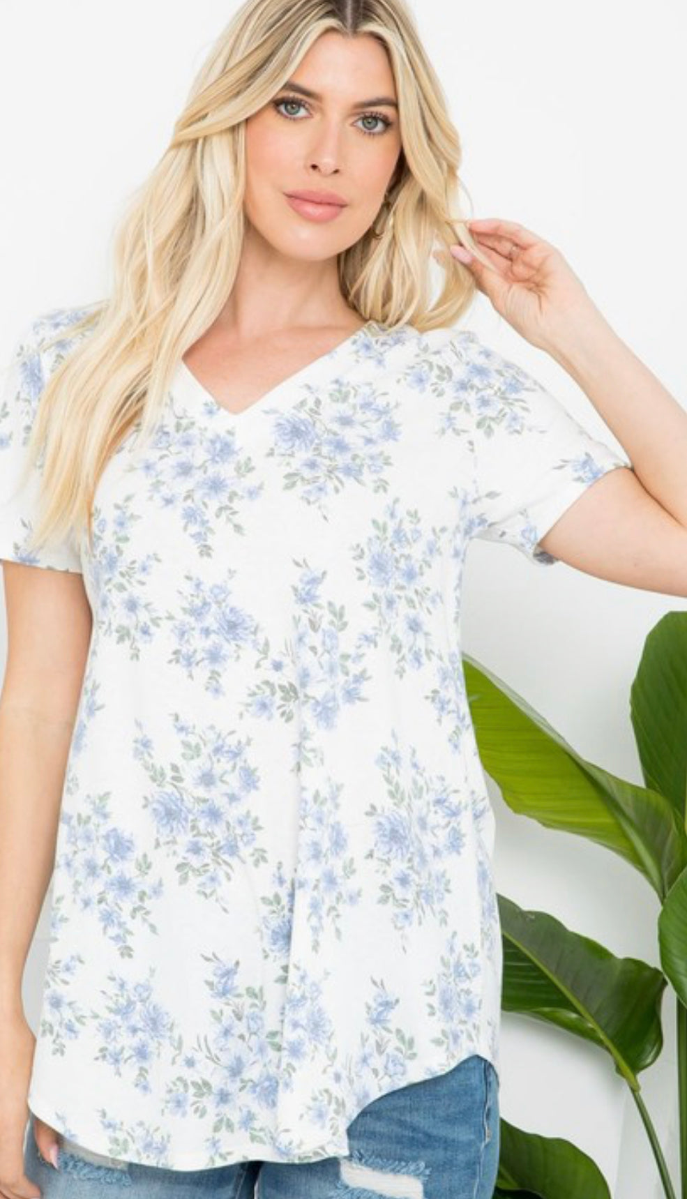 White Basic T and Blue Flowers