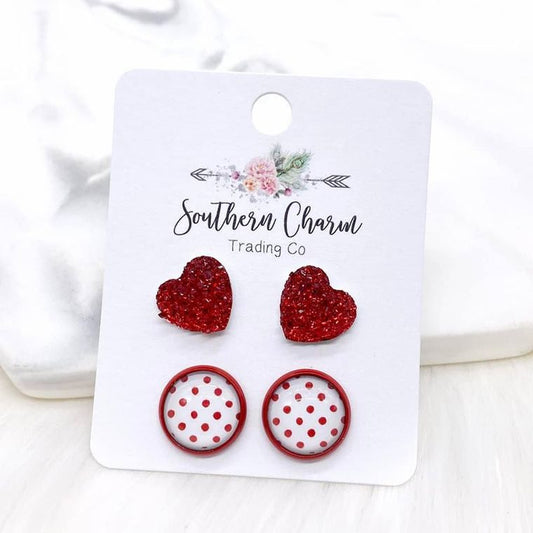 12mm Red Crystal Valentine Hearts & White/Red Polka Dots in Red Settings